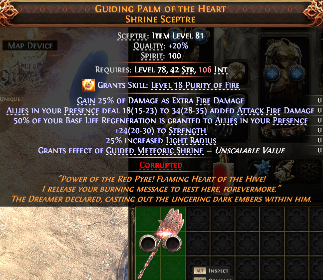 MMOJUGG Path of Exile 2 GUIDING PALM OF THE HEART SHRINE SCEPTRE#1148942 Details View of Item Function and Use