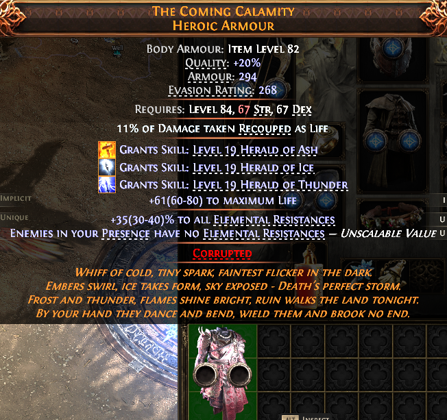 MMOJUGG Path of Exile 2 THE COMING CALAMITY HEROIC ARMOUR#1148951 Details View of Item Function and Use