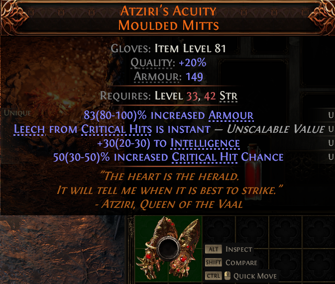 MMOJUGG Path of Exile 2 ATZIRI'S ACUITY MOULDED MITTS#1149257 Details View of Item Function and Use