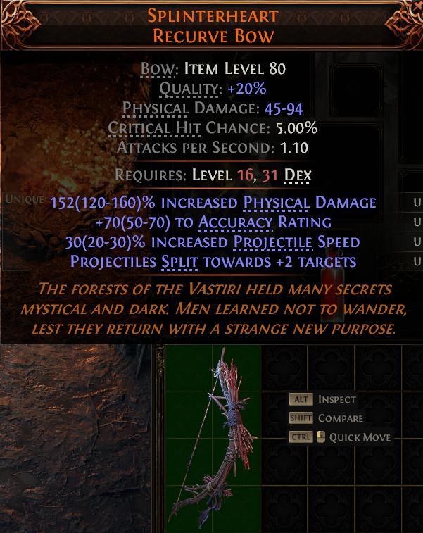 MMOJUGG Path of Exile 2 SPLINTERHEART RECURVE BOW#1149263 Details View of Item Function and Use
