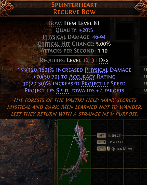 MMOJUGG Path of Exile 2 SPLINTERHEART RECURVE BOW#1149264 Details View of Item Function and Use