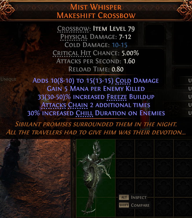MMOJUGG Path of Exile 2 MIST WHISPER MAKESHIFT CROSSBOW#1149414 Details View of Item Function and Use