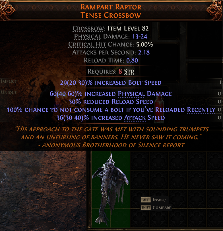 MMOJUGG Path of Exile 2 RAMPART RAPTOR TENSE CROSSBOW#1149415 Details View of Item Function and Use