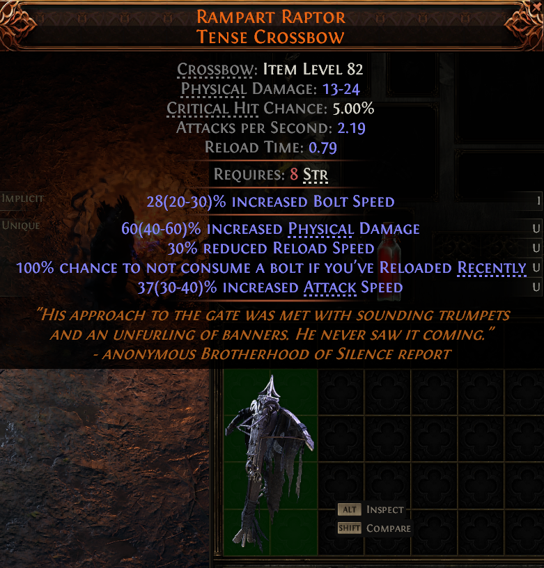 MMOJUGG Path of Exile 2 RAMPART RAPTOR TENSE CROSSBOW#1149416 Details View of Item Function and Use