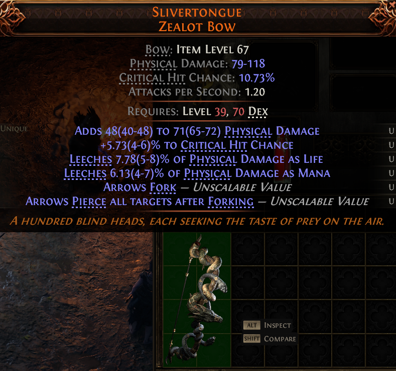 MMOJUGG Path of Exile 2 SLIVERTONGUE ZEALOT BOW#1149419 Details View of Item Function and Use