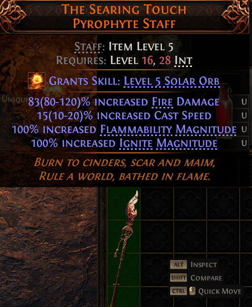 MMOJUGG Path of Exile 2 THE SEARING TOUCH PYROPHYTE STAFF#1149426 Details View of Item Function and Use
