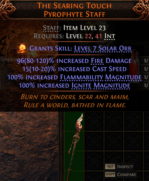 MMOJUGG Path of Exile 2 THE SEARING TOUCH PYROPHYTE STAFF#1149430 Details View of Item Function and Use