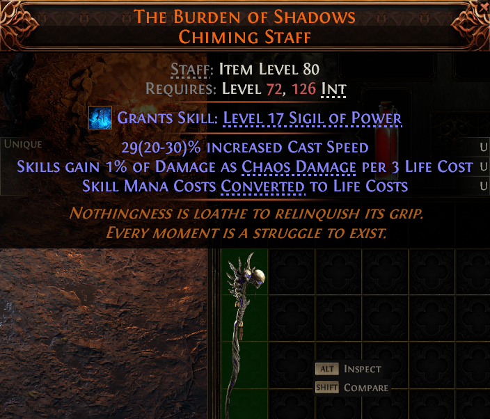 MMOJUGG Path of Exile 2 THE BURDEN OF SHADOWS CHIMING STAFF#1149434 Details View of Item Function and Use