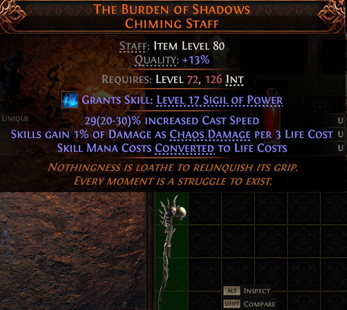 MMOJUGG Path of Exile 2 THE BURDEN OF SHADOWS CHIMING STAFF#1149435 Details View of Item Function and Use