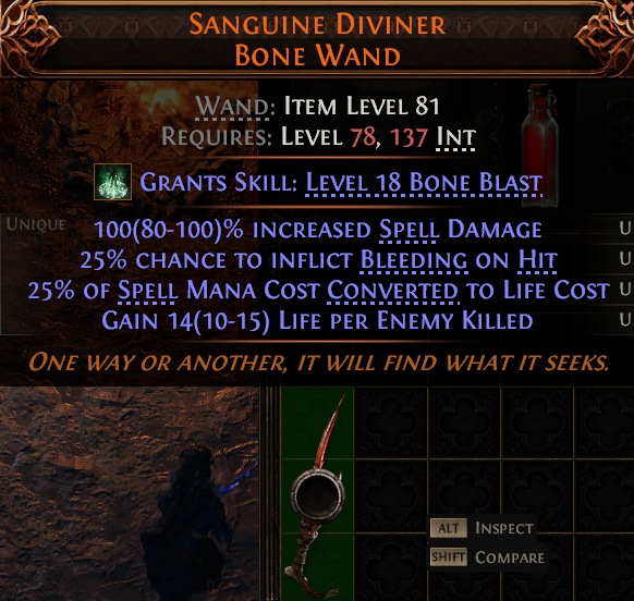 MMOJUGG Path of Exile 2 SANGUINE DIVINER BONE WAND#1149438 Details View of Item Function and Use