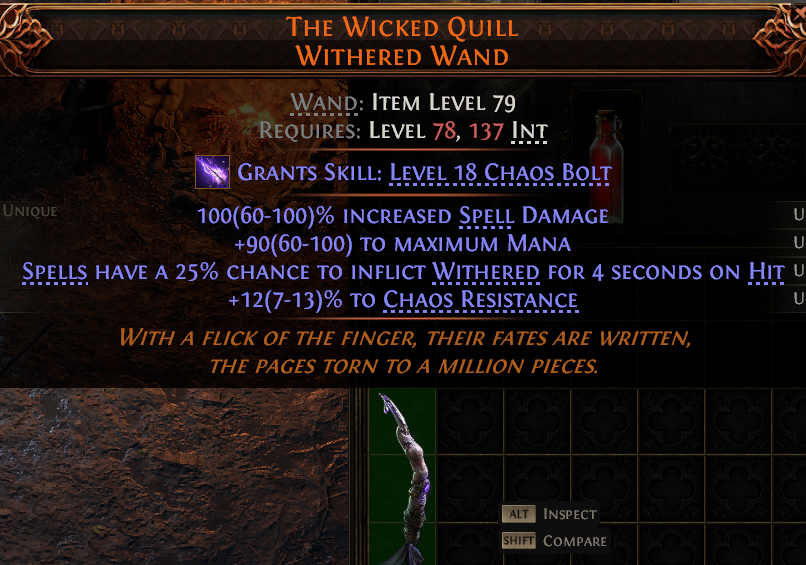 MMOJUGG Path of Exile 2 THE WICKED QUILL WITHERED WAND#1149444 Details View of Item Function and Use