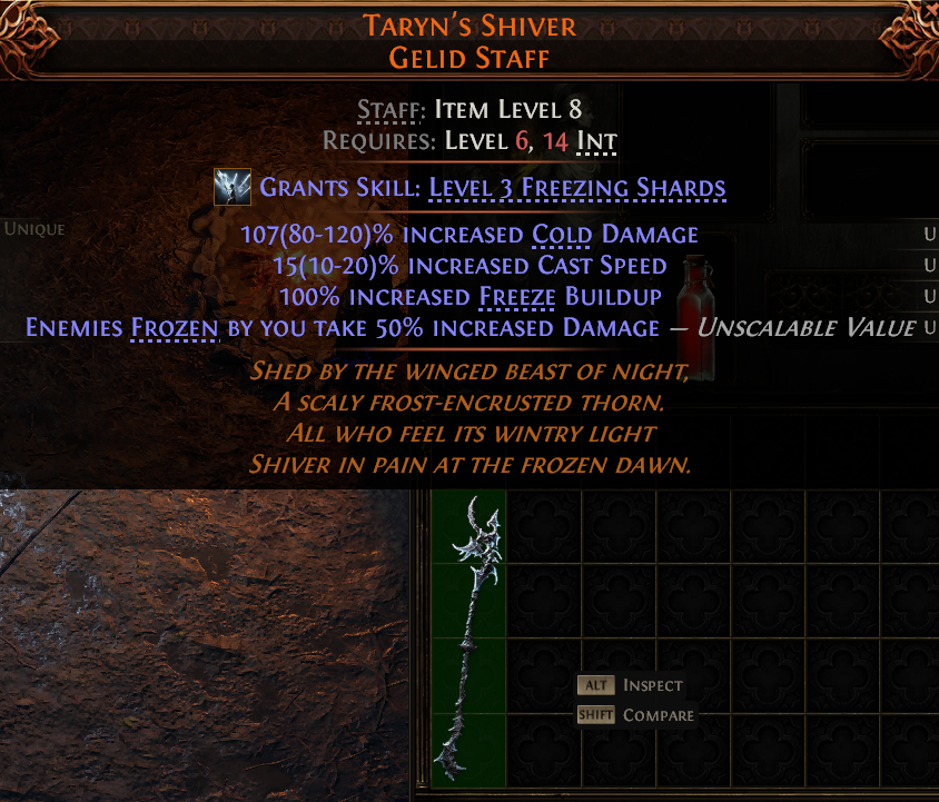 MMOJUGG Path of Exile 2 TARYN'S SHIVER GELID STAFF#1149449 Details View of Item Function and Use