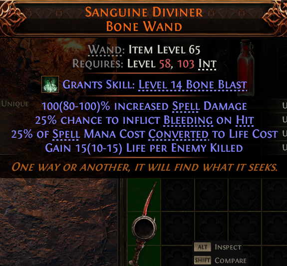 MMOJUGG Path of Exile 2 SANGUINE DIVINER BONE WAND#1149456 Details View of Item Function and Use
