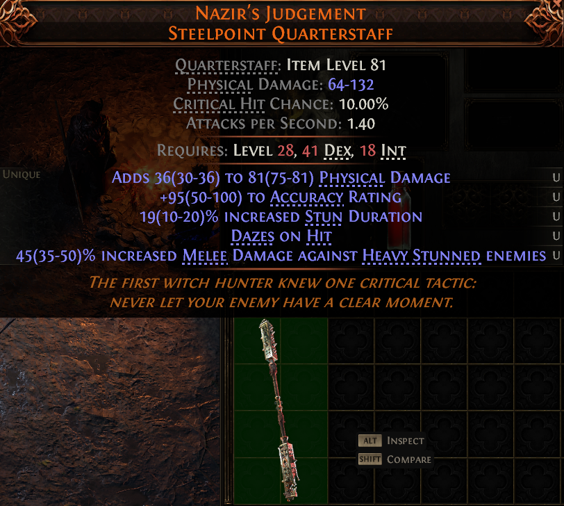 MMOJUGG Path of Exile 2 NAZIR'S JUDGEMENT STEELPOINT QUARTERSTAFF#1149458 Details View of Item Function and Use