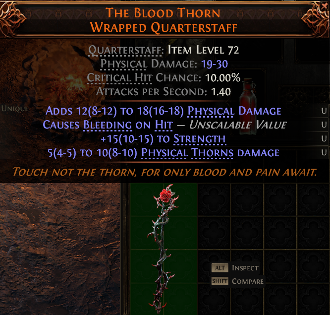 MMOJUGG Path of Exile 2 THE BLOOD THORN WRAPPED QUARTERSTAFF#1149459 Details View of Item Function and Use