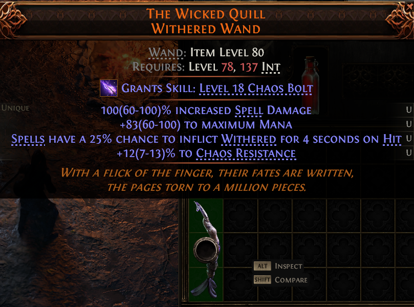MMOJUGG Path of Exile 2 THE WICKED QUILL WITHERED WAND#1149460 Details View of Item Function and Use