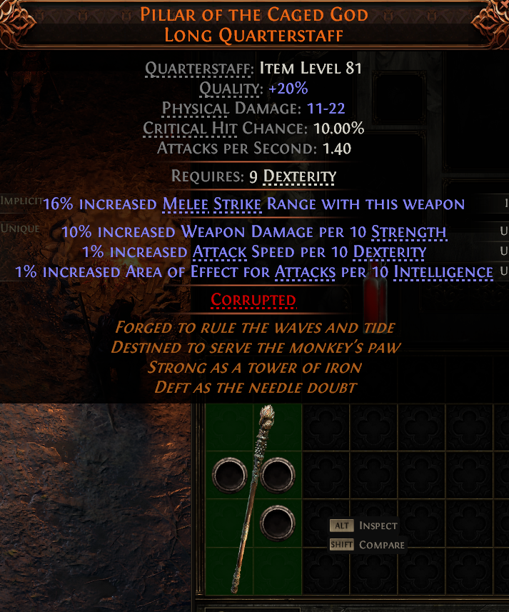 MMOJUGG Path of Exile 2 PILLAR OF THE CAGED GOD LONG QUARTERSTAFF#1149464 Details View of Item Function and Use