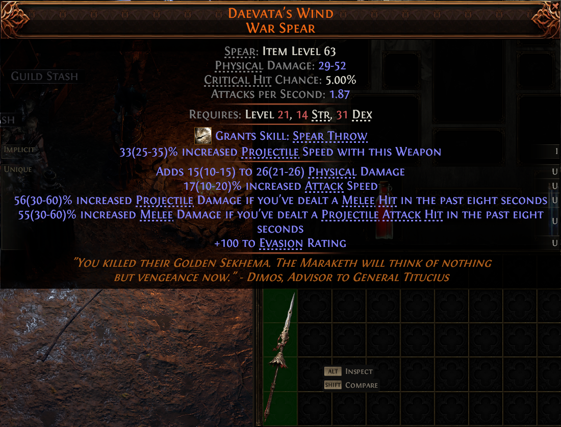 MMOJUGG Path of Exile 2 DAEVATA'S WIND WAR SPEAR#1149469 Details View of Item Function and Use