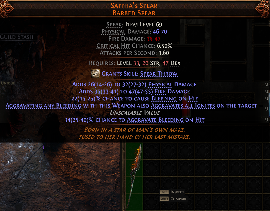 MMOJUGG Path of Exile 2 SAITHA'S SPEAR BARBED SPEAR#1149472 Details View of Item Function and Use