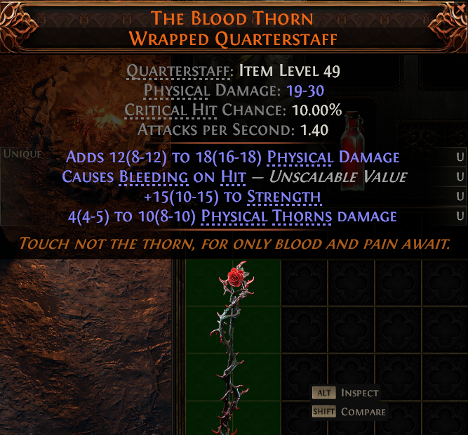 MMOJUGG Path of Exile 2 THE BLOOD THORN WRAPPED QUARTERSTAFF#1149475 Details View of Item Function and Use
