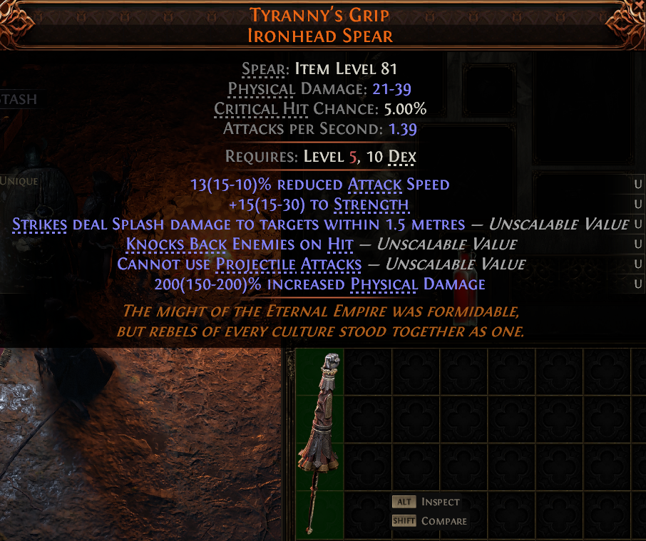 MMOJUGG Path of Exile 2 TYRANNY'S GRIP IRONHEAD SPEAR#1149480 Details View of Item Function and Use