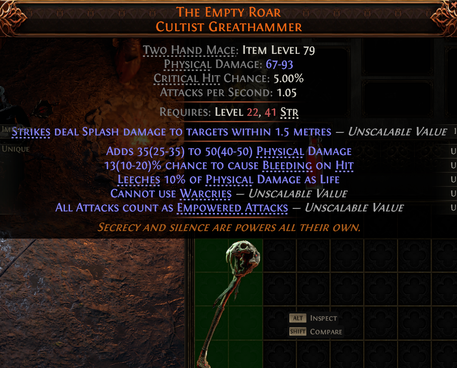 MMOJUGG Path of Exile 2 THE EMPTY ROAR CULTIST GREATHAMMER#1149491 Details View of Item Function and Use