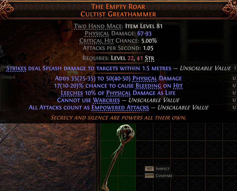 MMOJUGG Path of Exile 2 THE EMPTY ROAR CULTIST GREATHAMMER#1149496 Details View of Item Function and Use