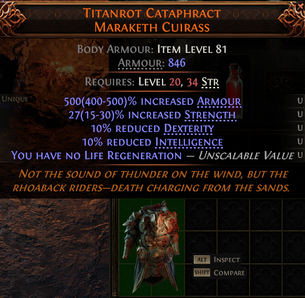 MMOJUGG Path of Exile 2 TITANROT CATAPHRACT MARAKETH CUIRASS#1149511 Details View of Item Function and Use
