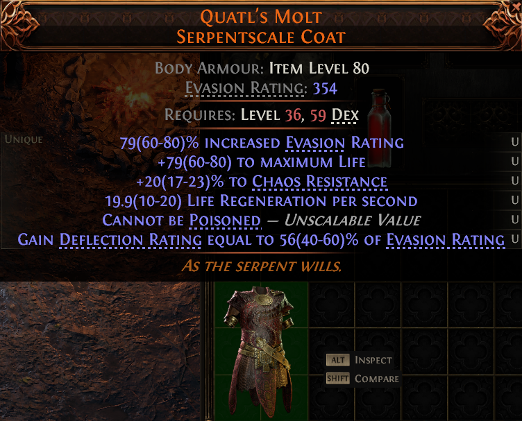 MMOJUGG Path of Exile 2 QUATL'S MOLT SERPENTSCALE COAT#1149537 Details View of Item Function and Use
