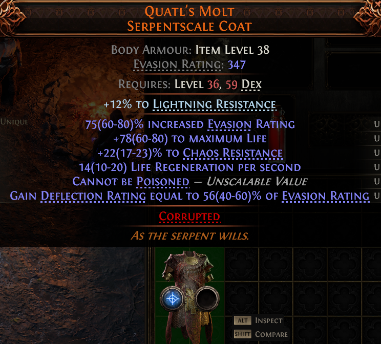 MMOJUGG Path of Exile 2 QUATL'S MOLT SERPENTSCALE COAT#1149540 Details View of Item Function and Use