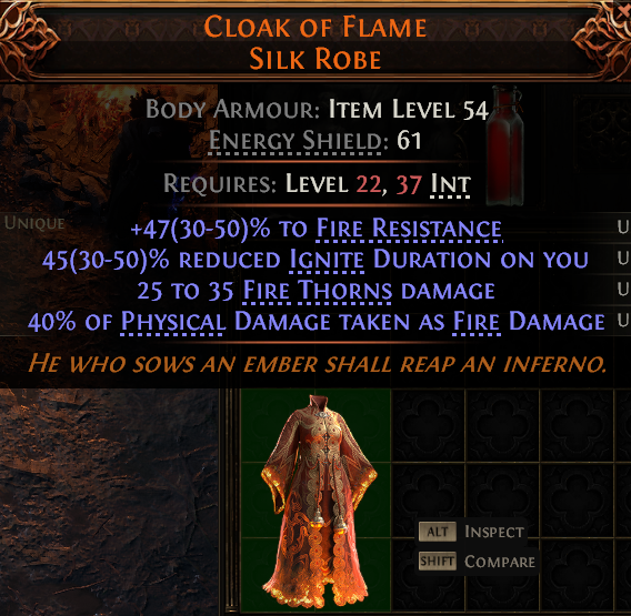 MMOJUGG Path of Exile 2 CLOAK OF FLAME SILK ROBE#1149548 Details View of Item Function and Use