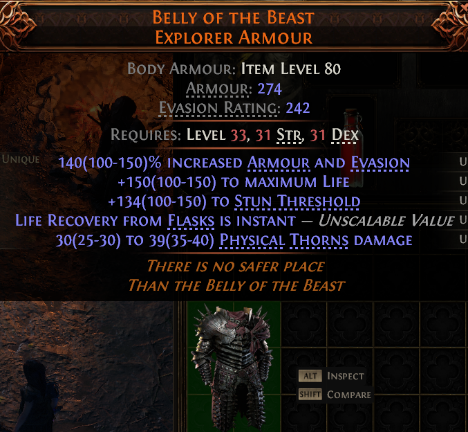 MMOJUGG Path of Exile 2 BELLY OF THE BEAST EXPLORER ARMOUR#1149557 Details View of Item Function and Use
