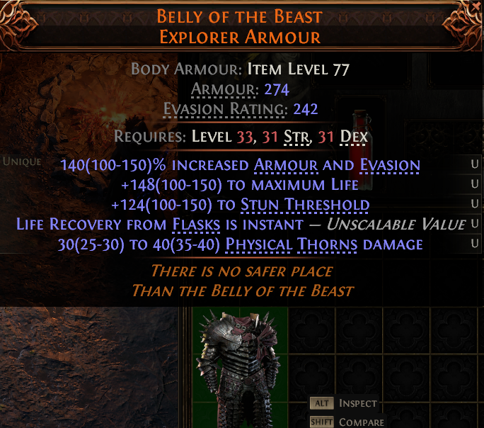 MMOJUGG Path of Exile 2 BELLY OF THE BEAST EXPLORER ARMOUR#1149561 Details View of Item Function and Use
