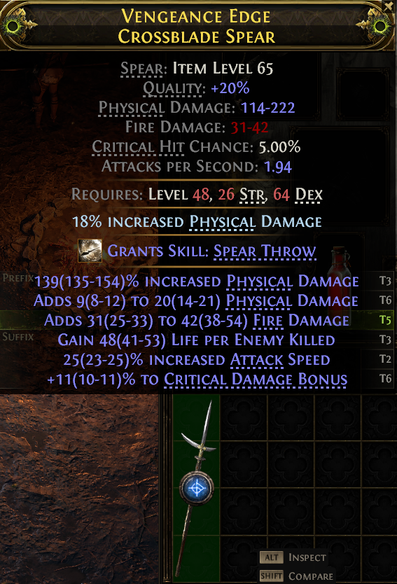 MMOJUGG Path of Exile 2 VENGEANCE EDGE CROSSBLADE SPEAR#1149585 Details View of Item Function and Use