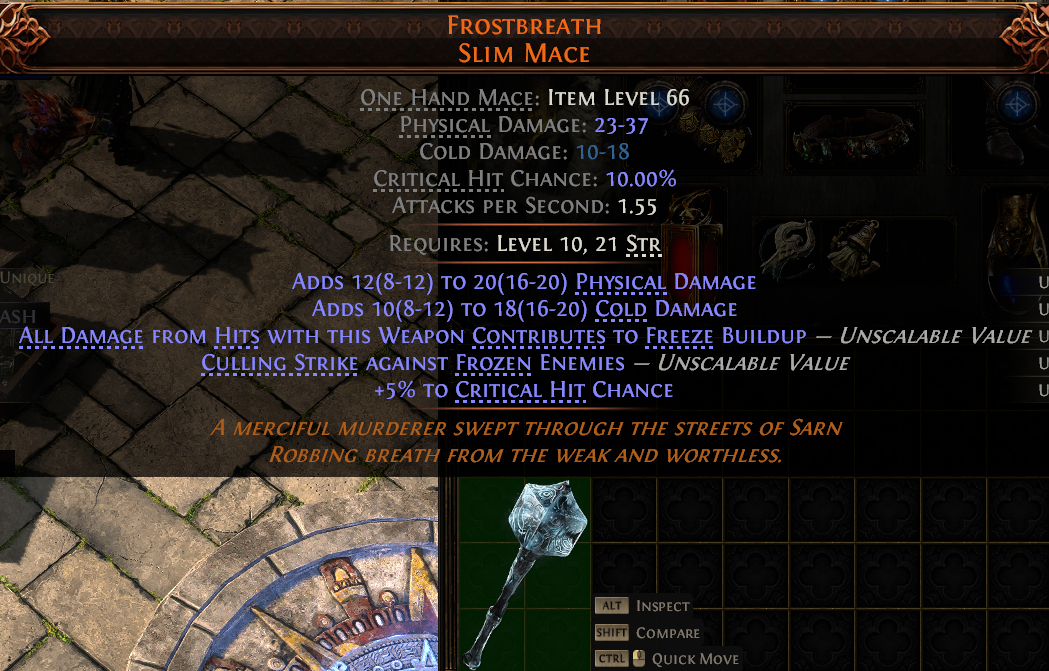 MMOJUGG Path of Exile 2 FROSTBREATH SLIM MACE#1149660 Details View of Item Function and Use
