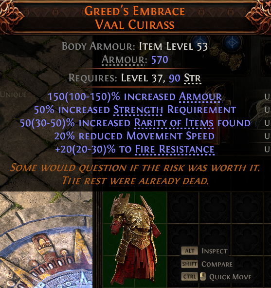 MMOJUGG Path of Exile 2 GREED'S EMBRACE VAAL CUIRASS#1149675 Details View of Item Function and Use