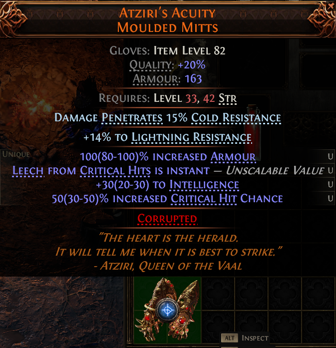 MMOJUGG Path of Exile 2 ATZIRI'S ACUITY MOULDED MITTS#1149800 Details View of Item Function and Use