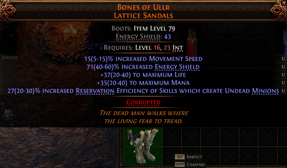 MMOJUGG Path of Exile 2 BONES OF ULLR LATTICE SANDALS#1149804 Details View of Item Function and Use