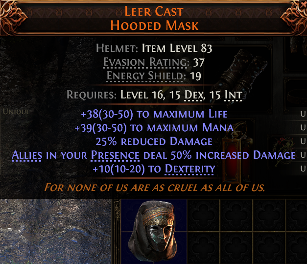 MMOJUGG Path of Exile 2 LEER CAST HOODED MASK#1149851 Details View of Item Function and Use
