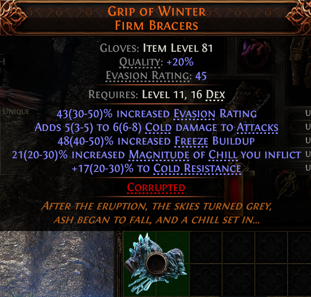 MMOJUGG Path of Exile 2 GRIP OF WINTER FIRM BRACERS#1149852 Details View of Item Function and Use