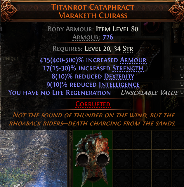 MMOJUGG Path of Exile 2 TITANROT CATAPHRACT MARAKETH CUIRASS#1149853 Details View of Item Function and Use