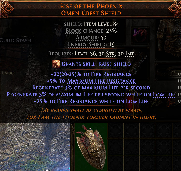 MMOJUGG Path of Exile 2 RISE OF THE PHOENIX OMEN CREST SHIELD#1149862 Details View of Item Function and Use