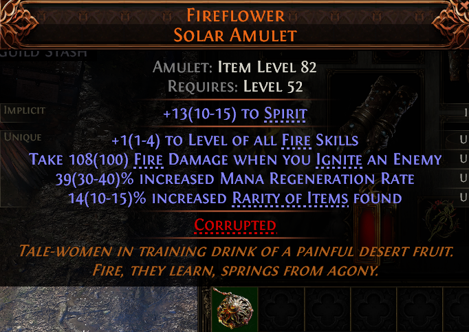 MMOJUGG Path of Exile 2 FIREFLOWER SOLAR AMULET#1149866 Details View of Item Function and Use