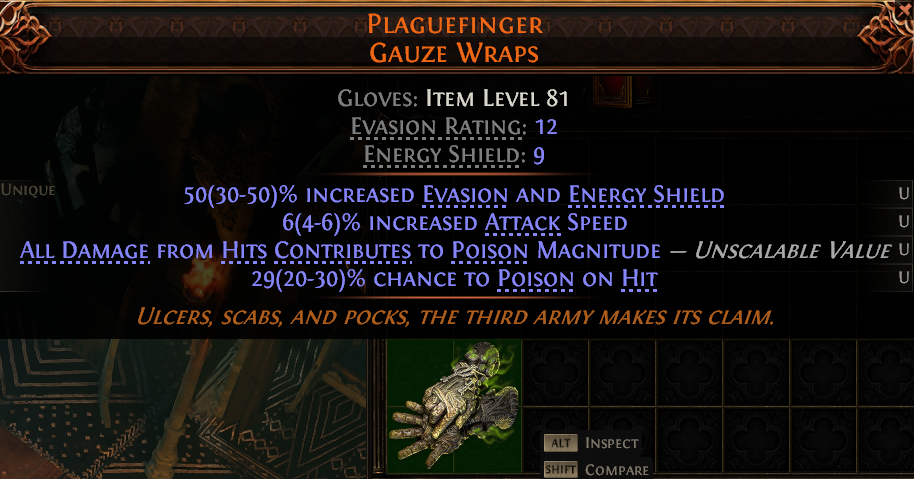 MMOJUGG Path of Exile 2 PLAGUEFINGER GAUZE WRAPS#1150076 Details View of Item Function and Use