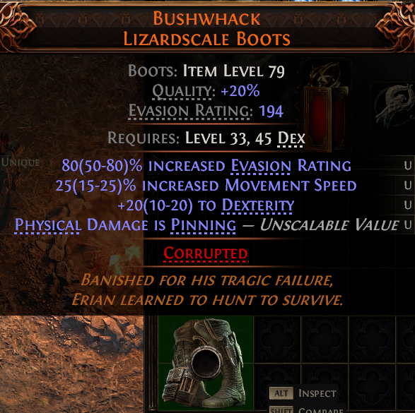 MMOJUGG Path of Exile 2 BUSHWHACK LIZARDSCALE BOOTS#1150078 Details View of Item Function and Use