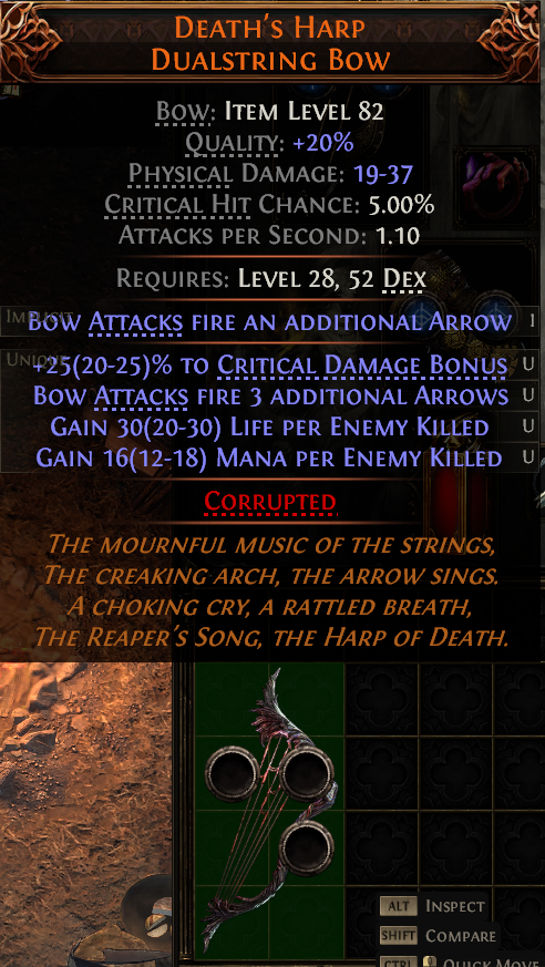 MMOJUGG Path of Exile 2 DEATH'S HARP DUALSTRING BOW#1150166 Details View of Item Function and Use