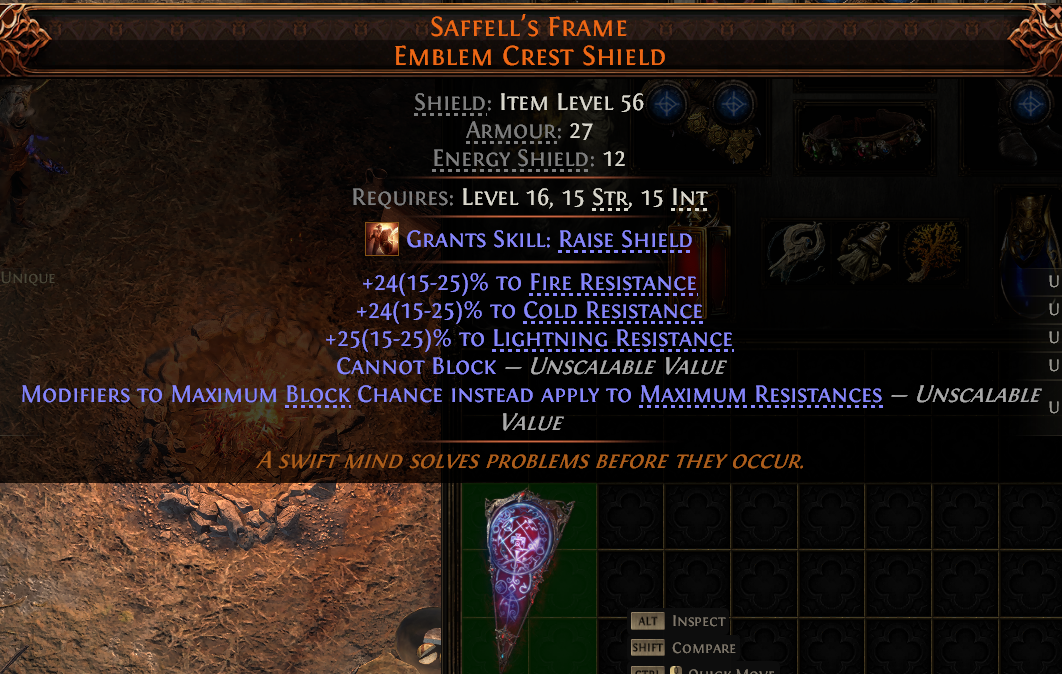 MMOJUGG Path of Exile 2 SAFFELL'S FRAME EMBLEM CREST SHIELD#1150170 Details View of Item Function and Use