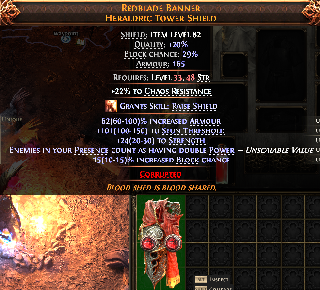 MMOJUGG Path of Exile 2 REDBLADE BANNER HERALDRIC TOWER SHIELD#1150579 Details View of Item Function and Use