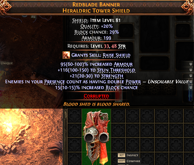 MMOJUGG Path of Exile 2 REDBLADE BANNER HERALDRIC TOWER SHIELD#1150583 Details View of Item Function and Use