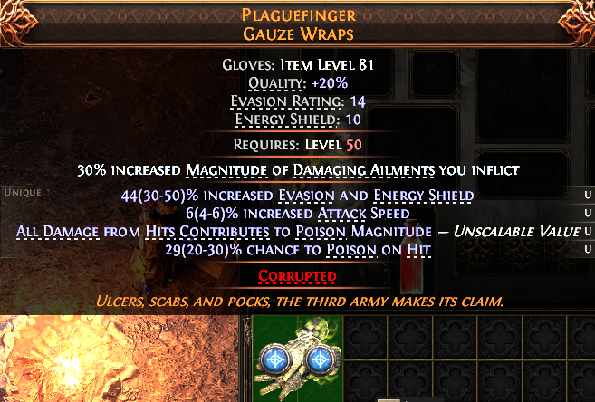 MMOJUGG Path of Exile 2 PLAGUEFINGER GAUZE WRAPS#1150587 Details View of Item Function and Use